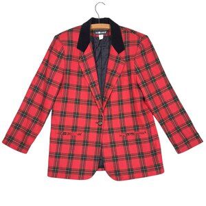 Sag Harbor Tartan Plaid Wool Blazer Academia Velvet Collar Womens 14 Holiday Vtg